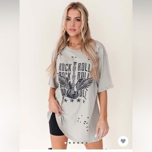 The Post Distressed Rock & Roll Oversized Graphic Tee Khaki